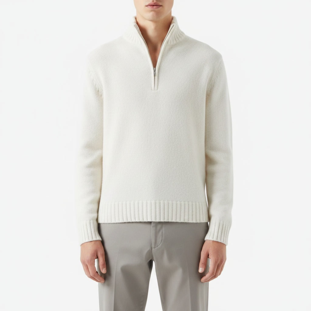 Studio photo of a model wearing an ivory quarter-zip sweater with grey trousers
