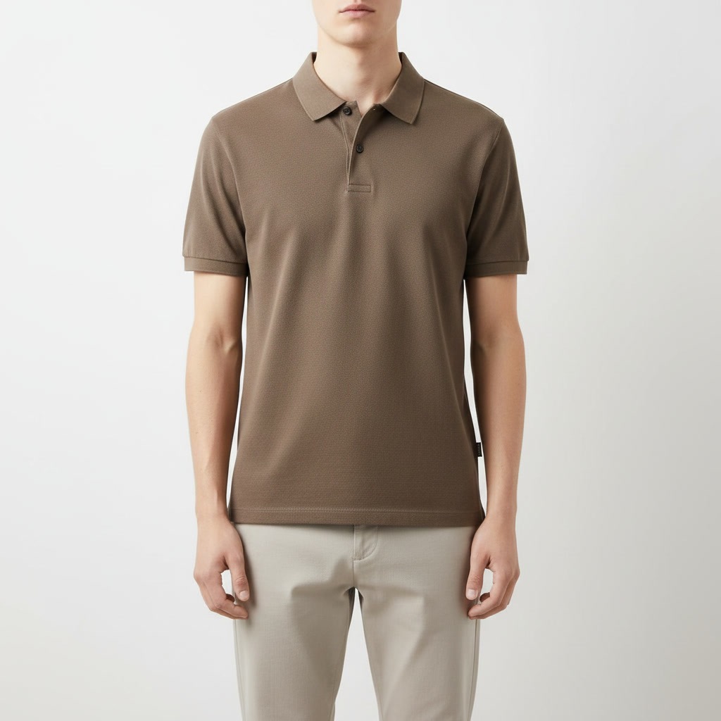 Studio photo of a model wearing a brown polo shirt with light trousers