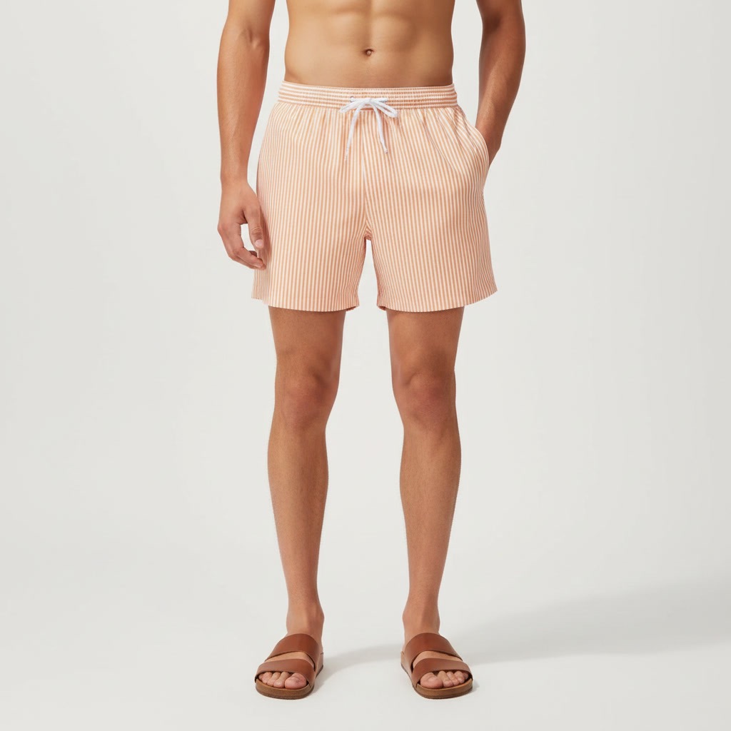 Studio photo of a model wearing orange striped swim shorts and brown sandals