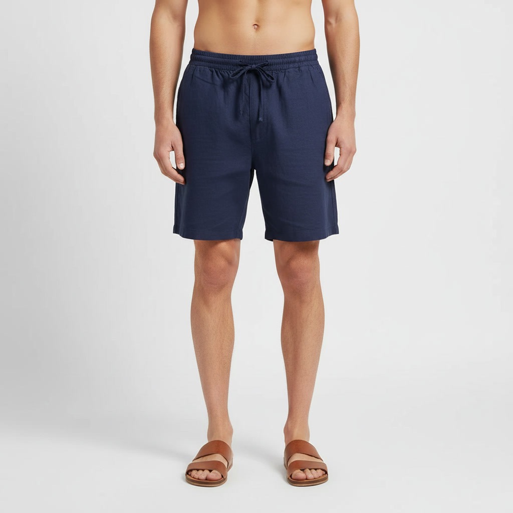 Studio photo of a model wearing navy shorts and brown sandals