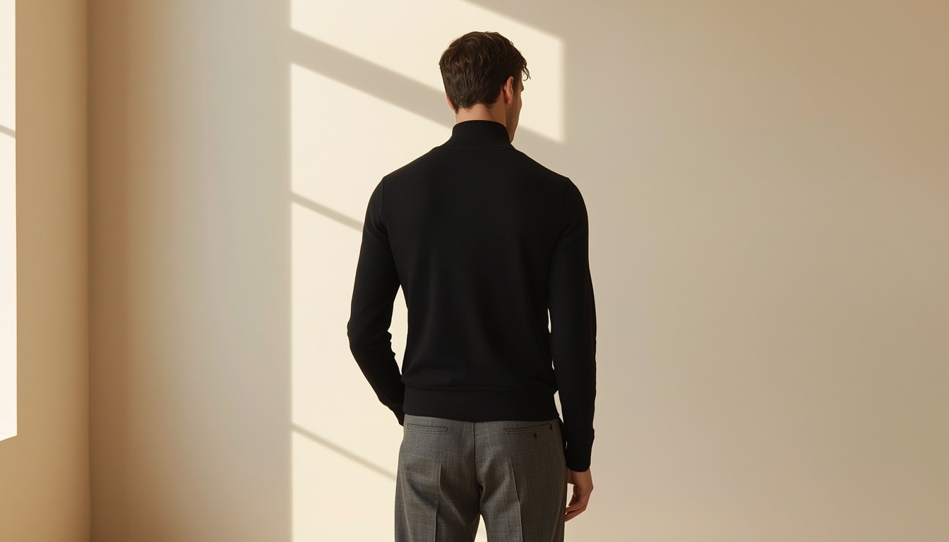 Studio photo of a model from behind wearing a black quarter-zip sweater and grey trousers