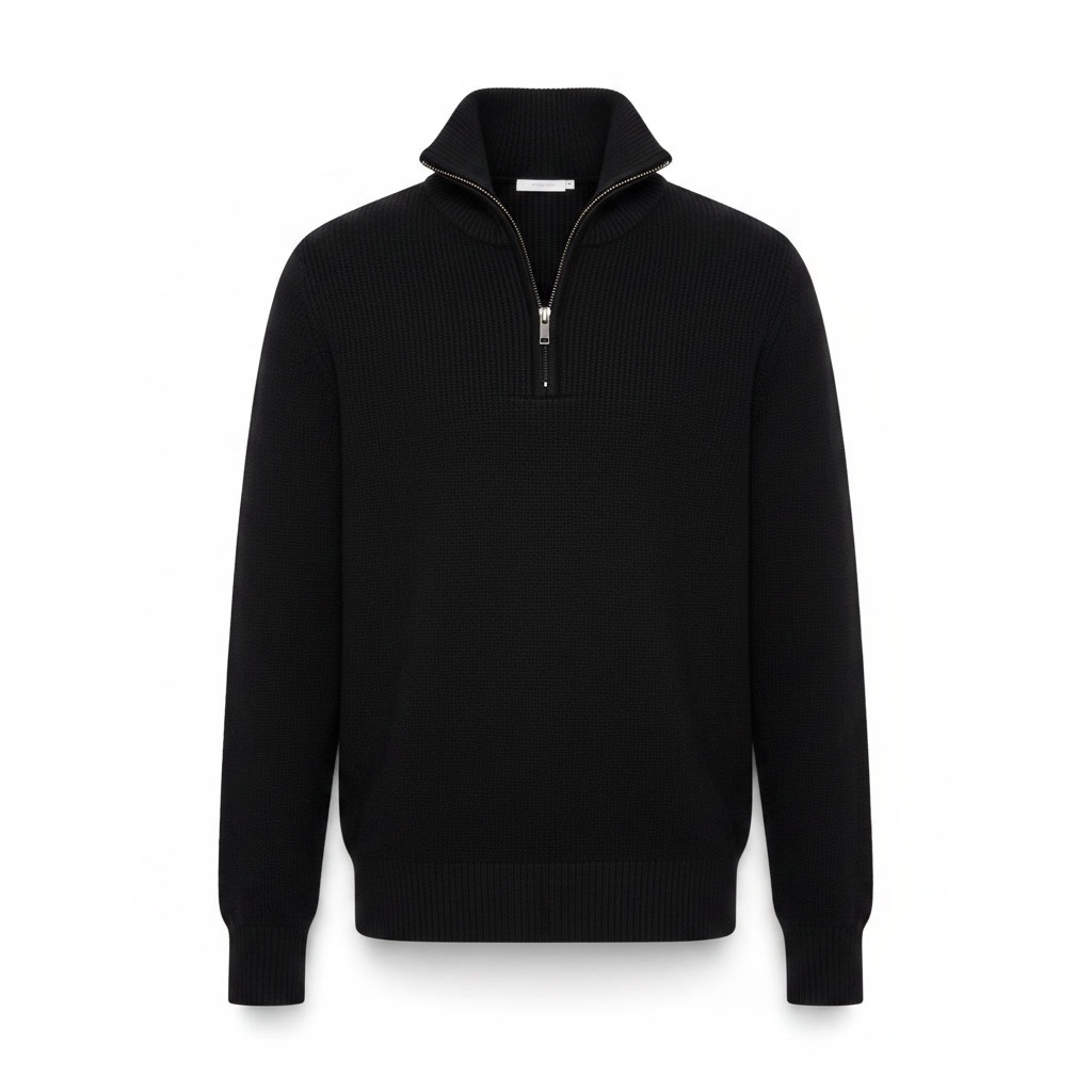 Studio product photo of a black quarter-zip sweater