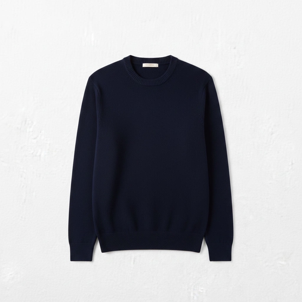 Studio product photo of a navy crewneck sweater