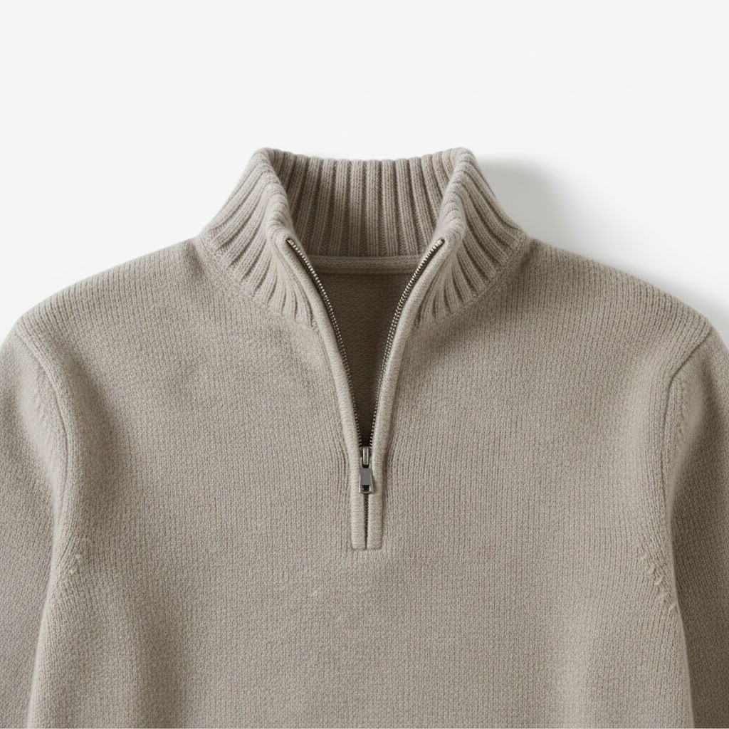 Close-up product photo of a beige quarter-zip sweater collar and zipper