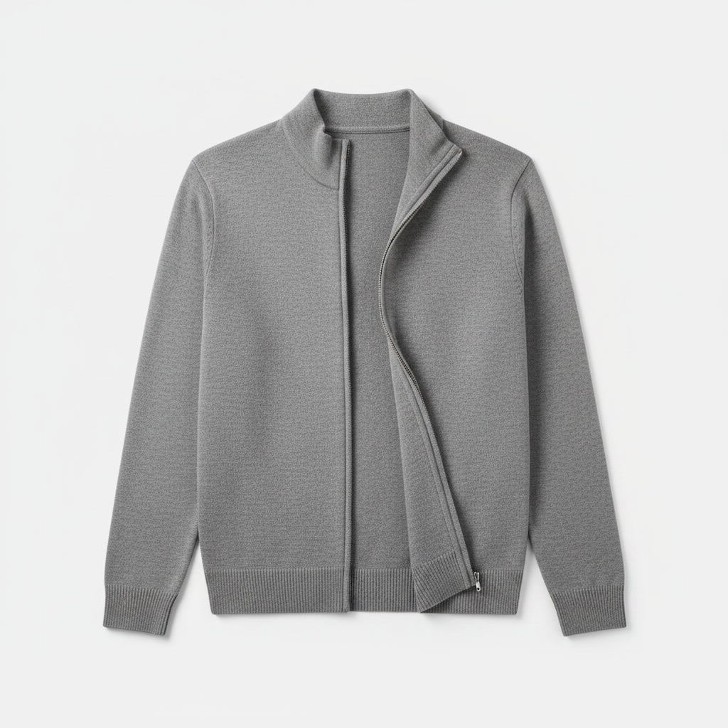 Studio product photo of an open grey zip-up sweater