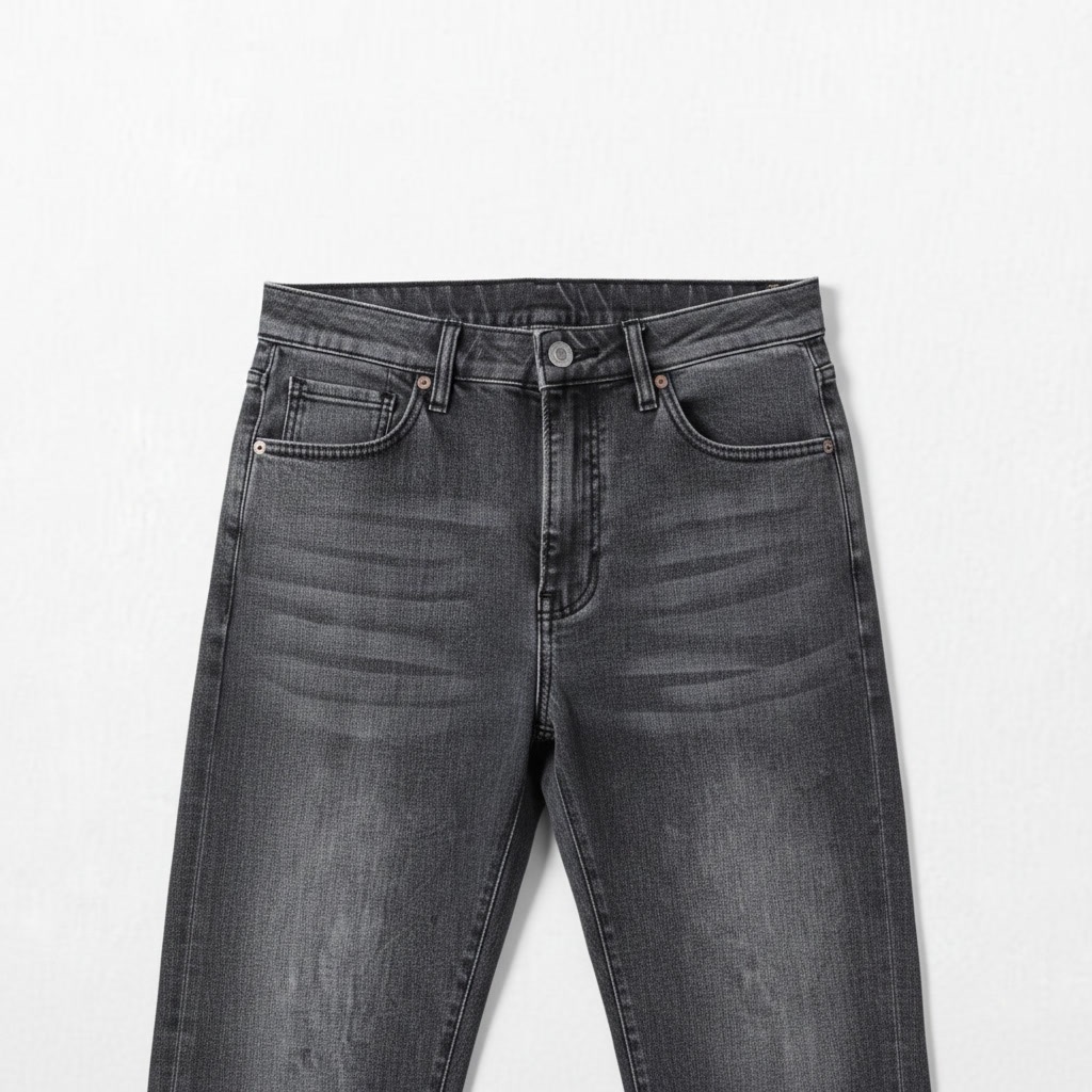 Close-up product photo of grey denim jeans waistband and pockets