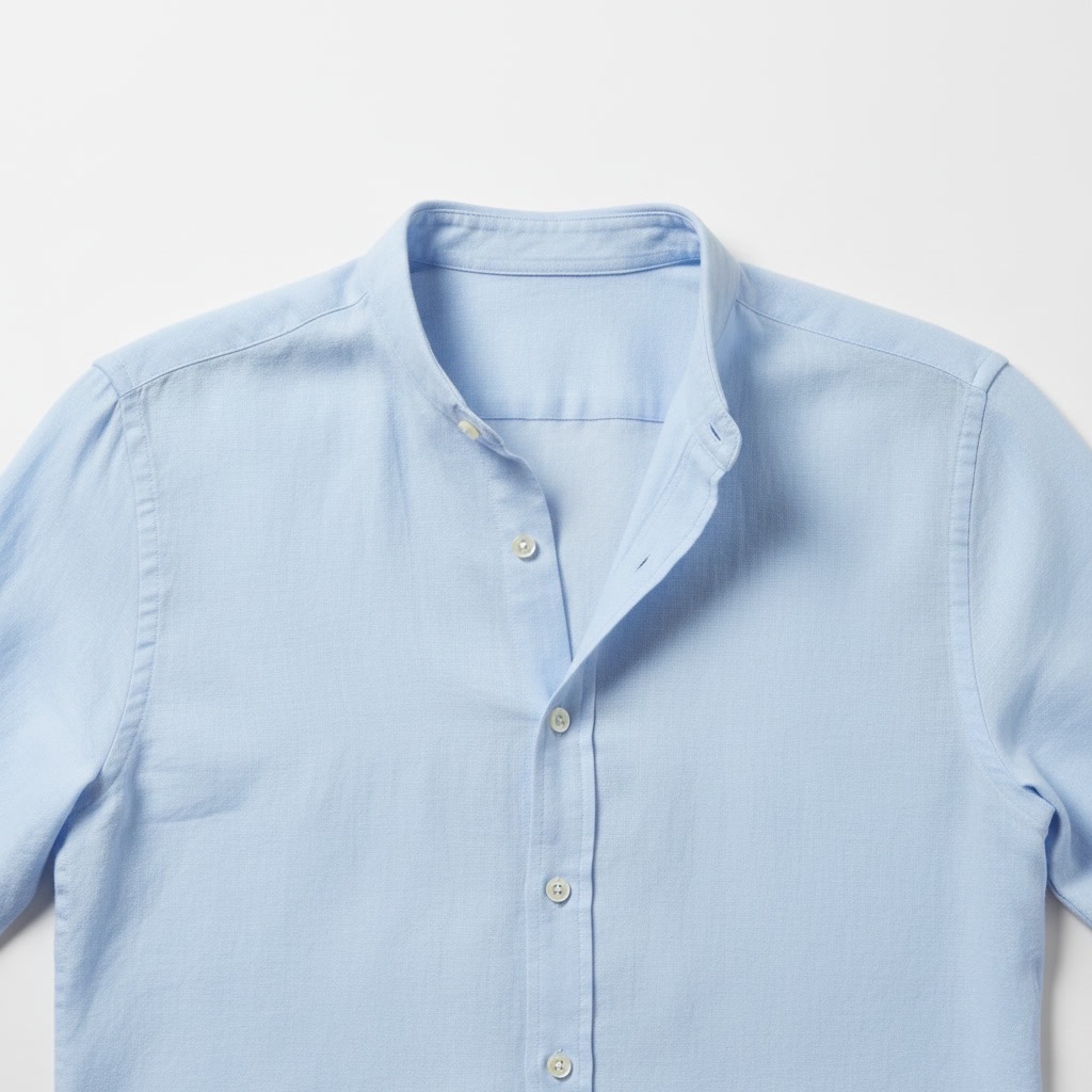 Close-up product photo of a light blue button-up shirt collar