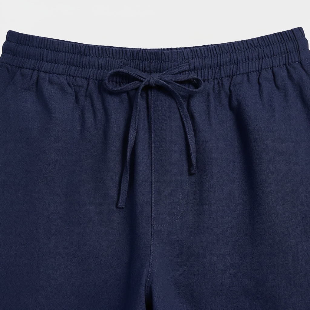 Close-up product photo of a navy shorts drawstring waistband