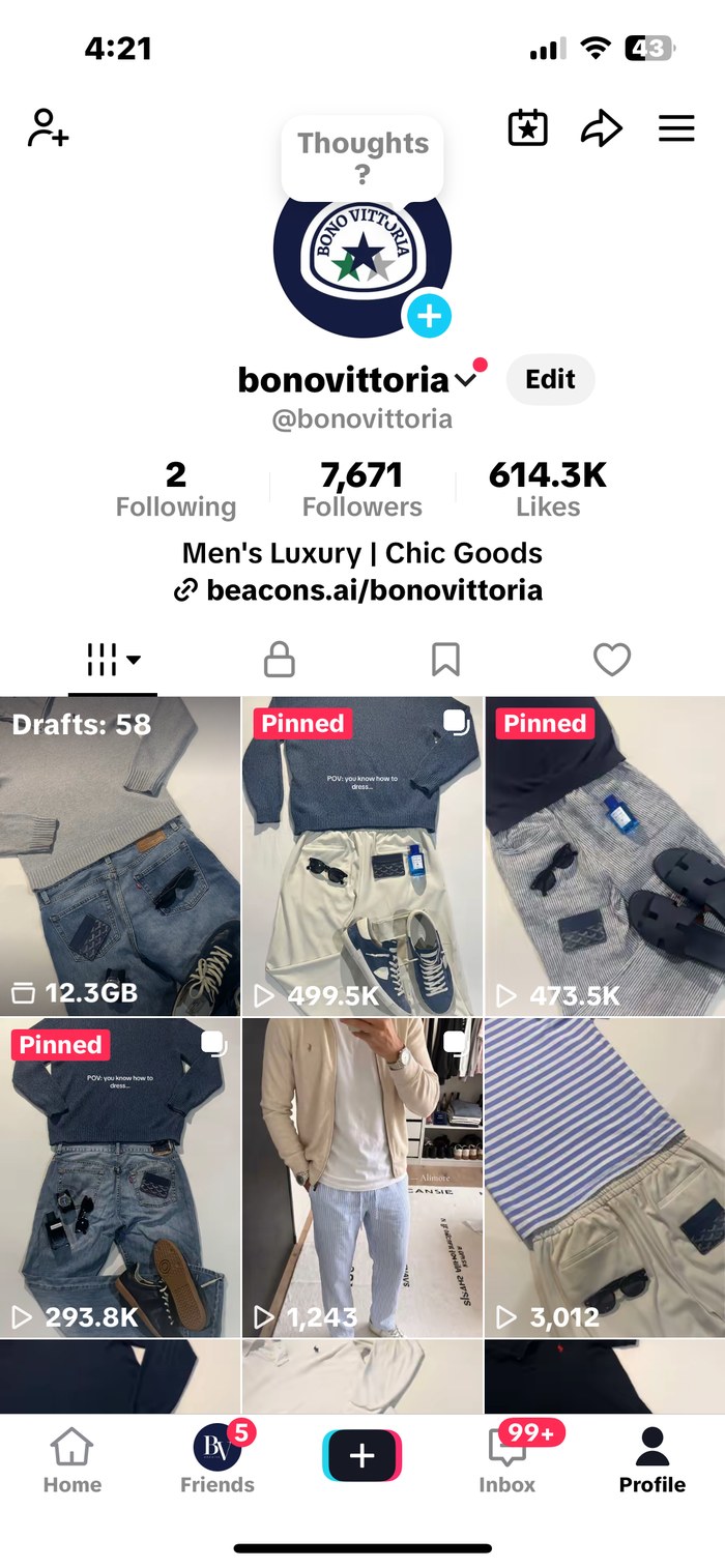 Real TikTok profile screenshot of @bonovittoria showing 7,671 followers