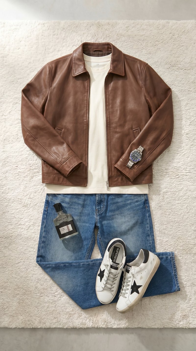 Flat-lay: brown leather jacket, jeans, Rolex and Golden Goose sneakers on a rug