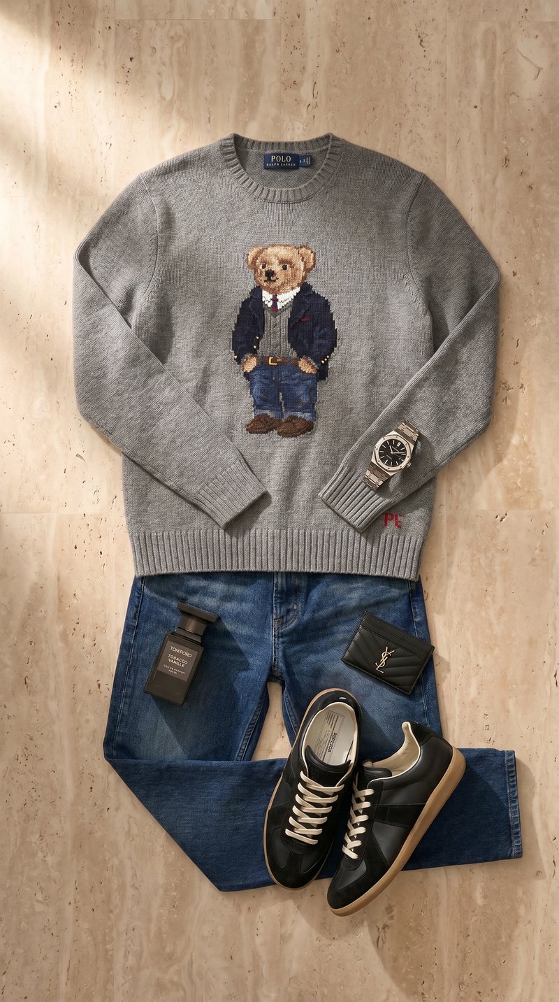 Flat-lay: Polo bear sweater, jeans, Rolex and Tom Ford cologne on travertine