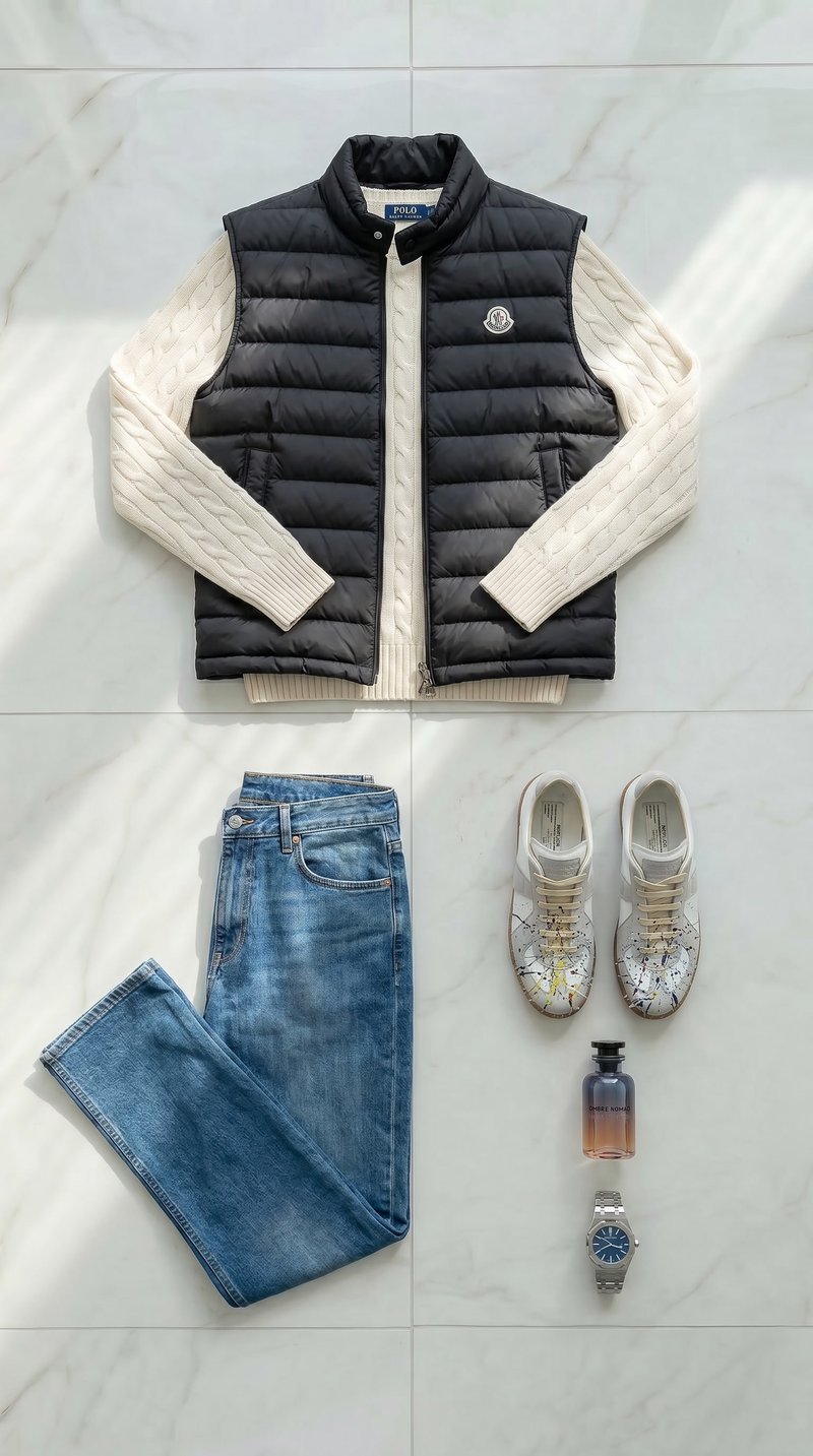 Flat-lay: black Moncler vest over cable-knit sweater with jeans and sneakers